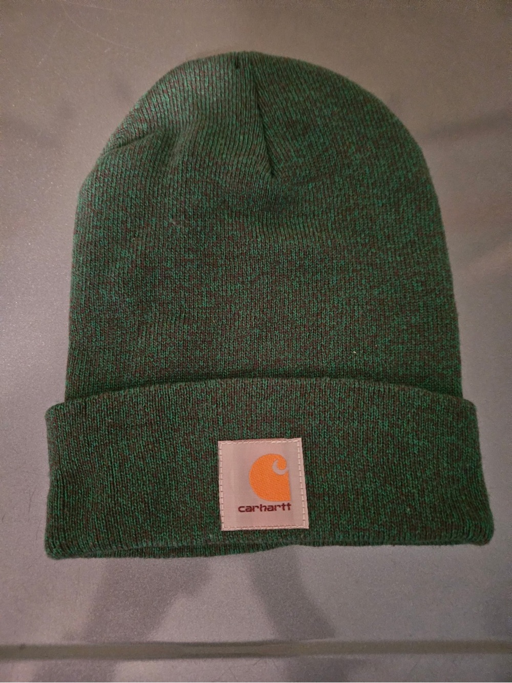 Carhartt Green Marled Knit Beanie with Orange Logo Patch